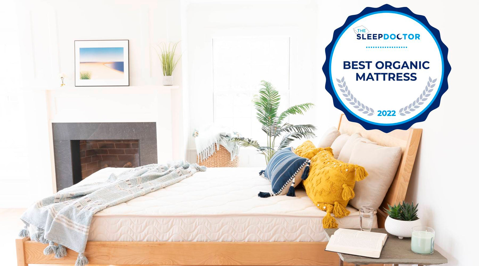 10" Latex Mattress on platform bed with logo for best organic mattress by the Sleep Doctor Breus