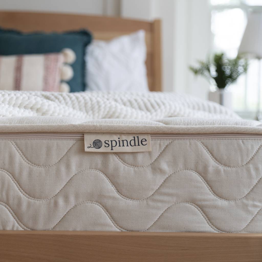 Spindle's organic latex mattress label on mattress with pillows and white blanket on the bed.