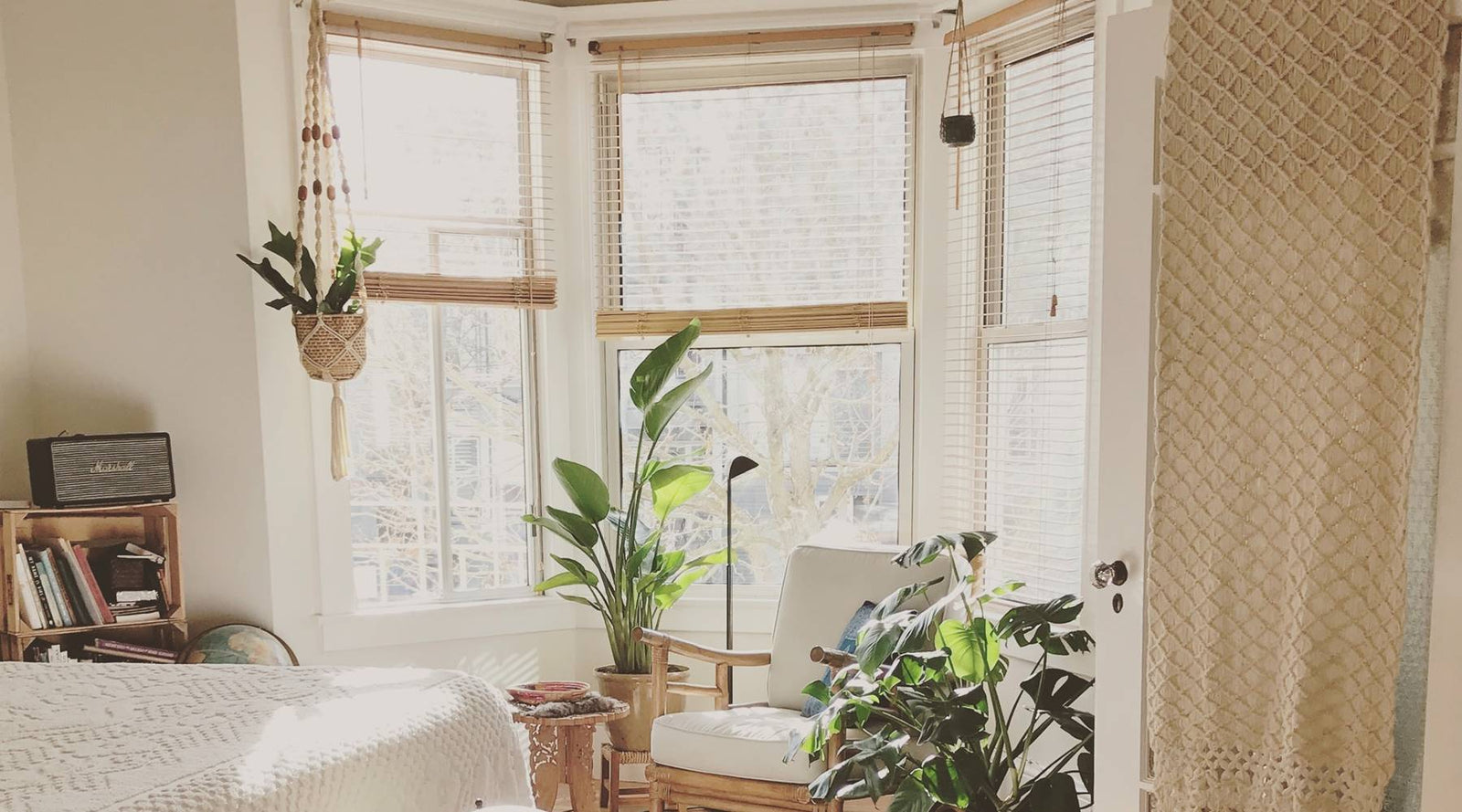 Boeheim style bedroom with plants and sun shining in the windows.