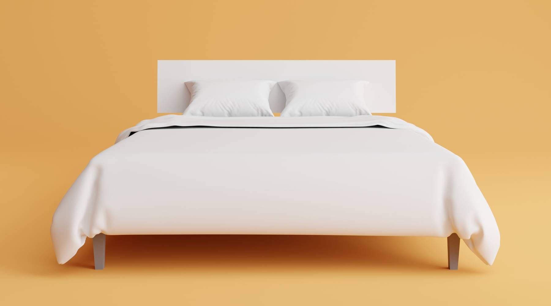 Mattress with white sheets, pillow, and headboard on an orange background.