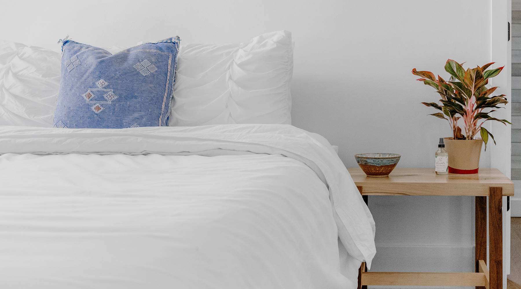 Mattress with white bedding and blue pillow. Nightstand with plant and spray bottle.