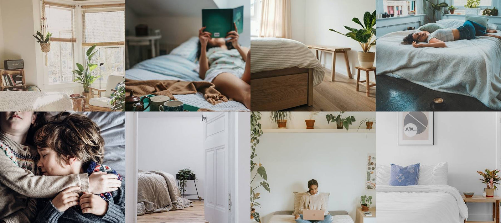 Collage of six pictures of people sleeping on a 10" organic latex mattress.