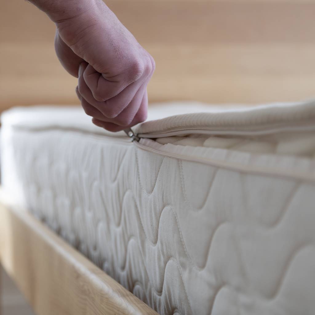 Organic cotton mattress cover being unzipped by a hand.