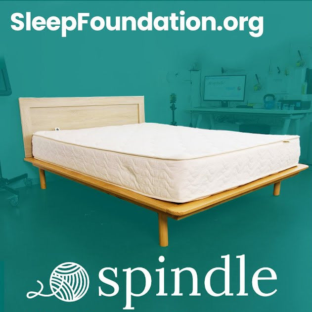 Collage of images related to spindle mattresses, including a mattress on a bed frame and a person speaking.