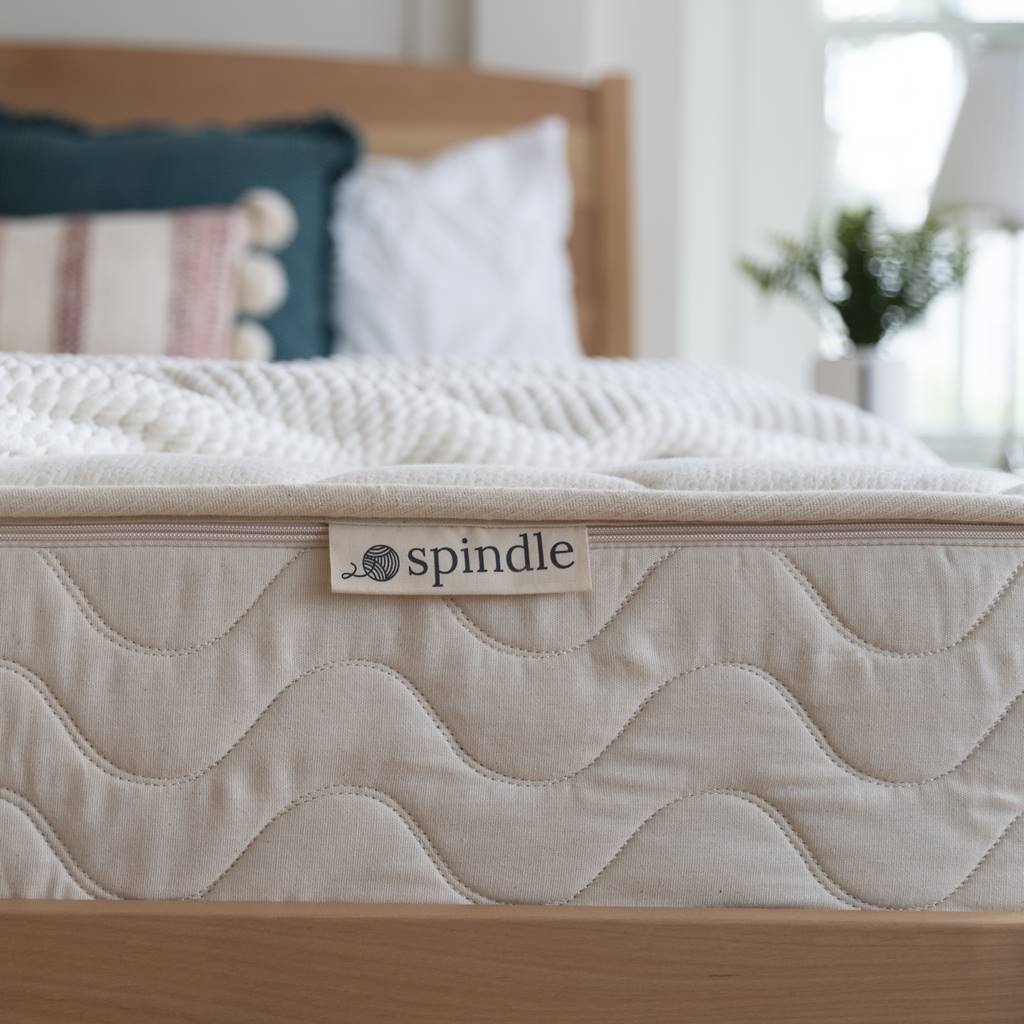 Spindle's organic latex mattress label on mattress with pillows and white blanket on the bed.